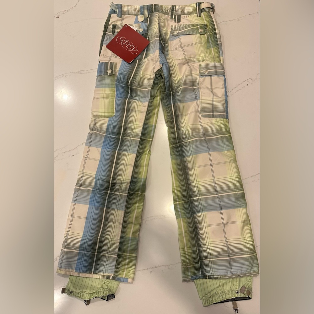 Snow Plaid Women's Pants in Green and Blue